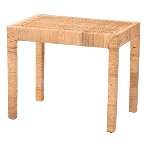 Baxton Studio Abelia Natural Rattan and Mahogany Wood Short Accent Bench