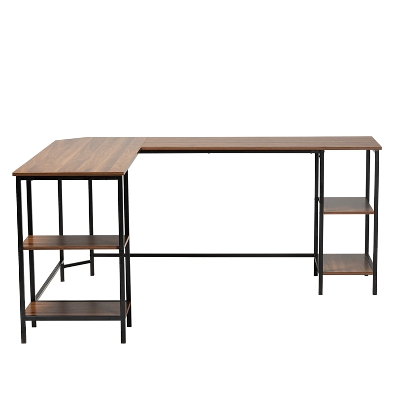 Baxton Studio Lydia Brown Wood and Black Metal L-Shaped Desk with Shelves