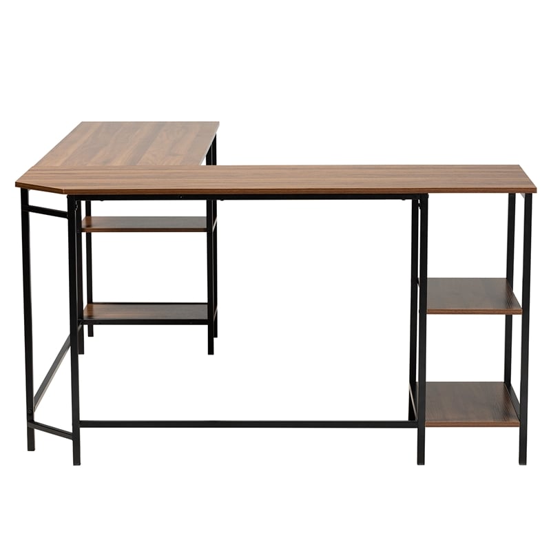 Baxton Studio Lydia Brown Wood and Black Metal L-Shaped Desk with Shelves