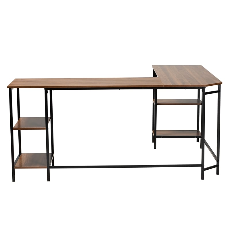 Baxton Studio Lydia Brown Wood and Black Metal L-Shaped Desk with Shelves