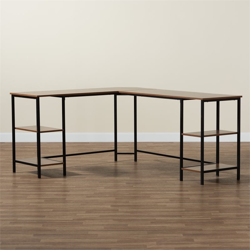 Baxton Studio Lydia Brown Wood and Black Metal L-Shaped Desk with Shelves