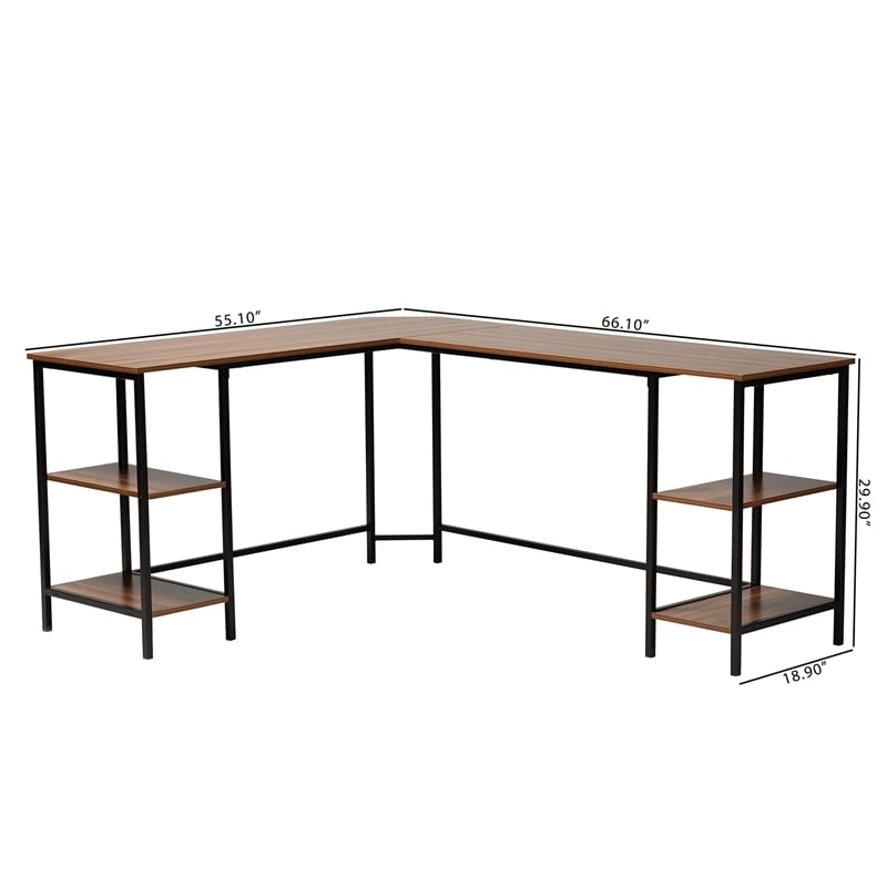 Baxton Studio Lydia Brown Wood and Black Metal L-Shaped Desk with Shelves