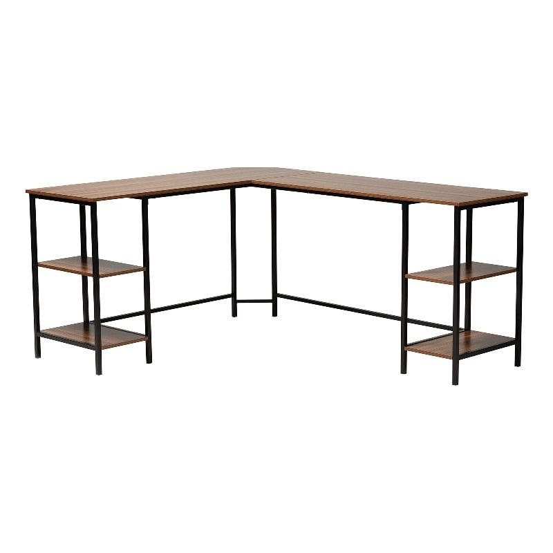Baxton Studio Lydia Brown Wood and Black Metal L-Shaped Desk with Shelves