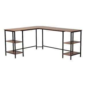 Baxton Studio Lydia Brown Wood and Black Metal L-Shaped Desk with Shelves