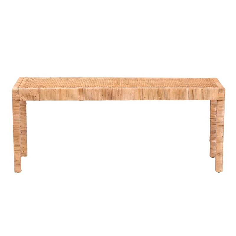 Baxton Studio Abelia Natural Rattan and Mahogany Wood Long Accent Bench