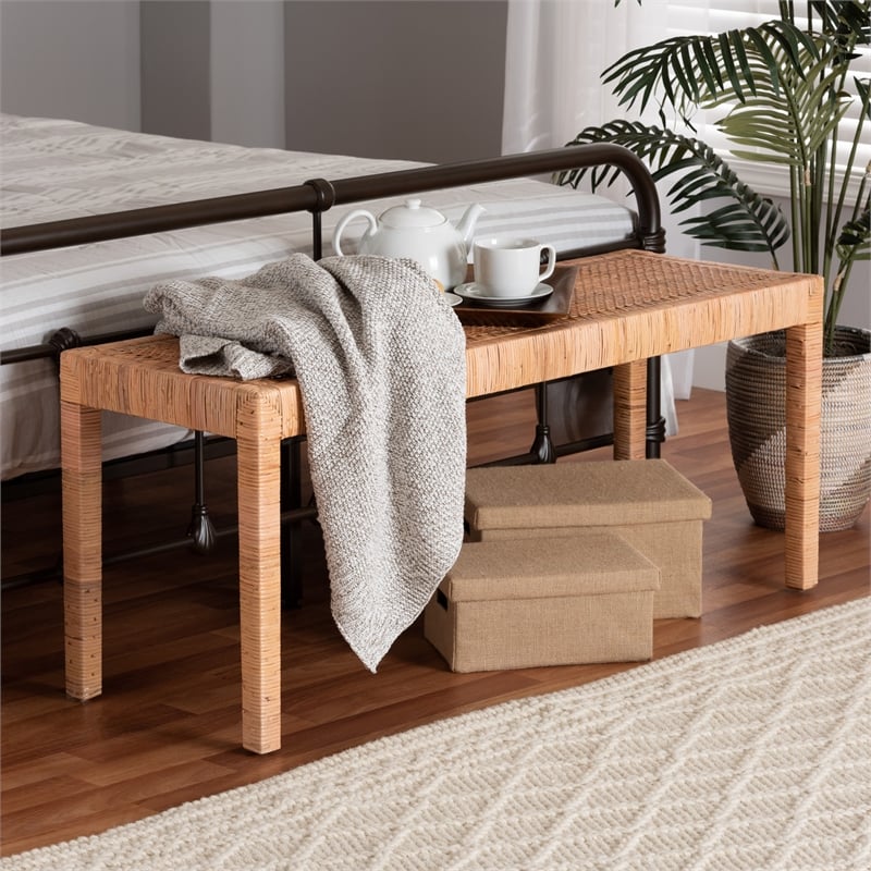 Baxton Studio Abelia Natural Rattan and Mahogany Wood Long Accent Bench
