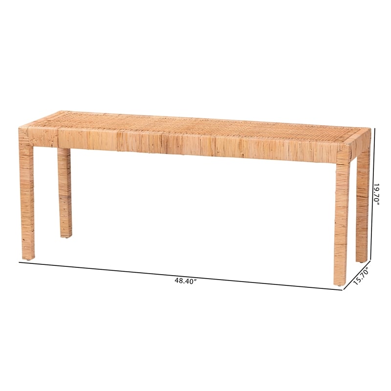 Baxton Studio Abelia Natural Rattan and Mahogany Wood Long Accent Bench