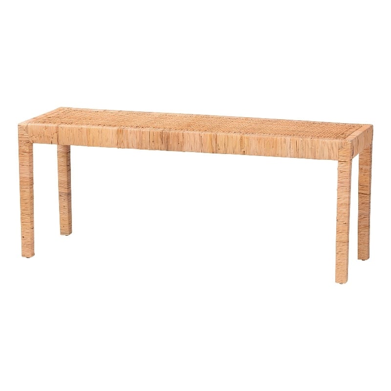 Baxton Studio Abelia Natural Rattan and Mahogany Wood Long Accent Bench