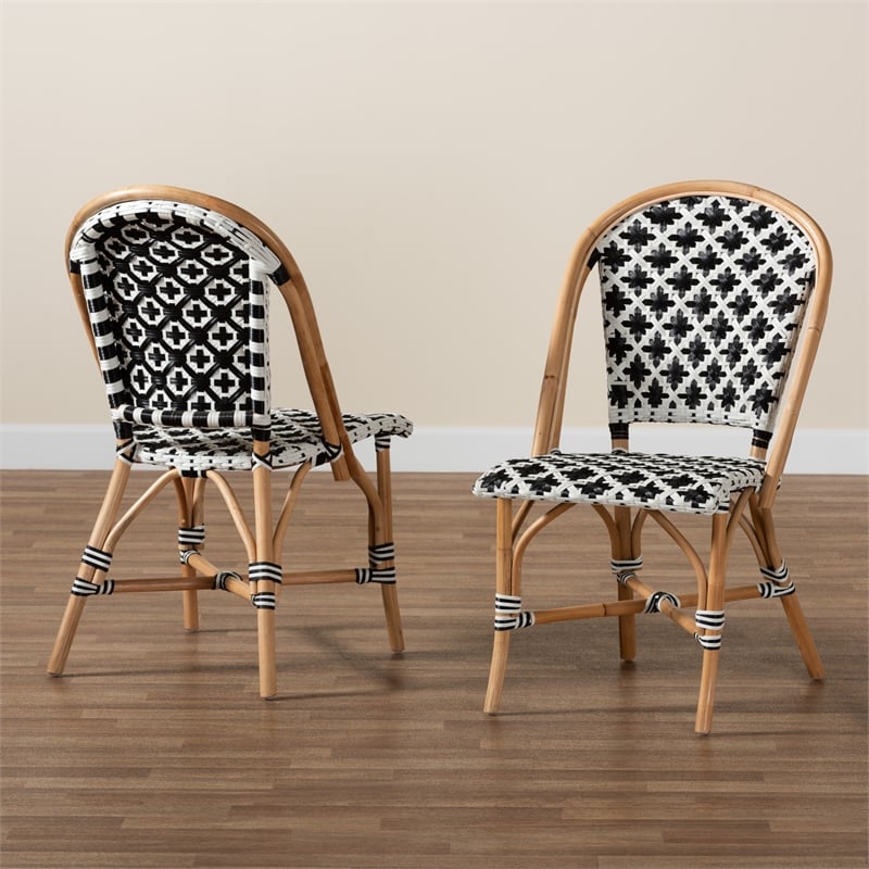 Baxton Studio Ambre French Black and White Weaving Natural Rattan Bistro Chair