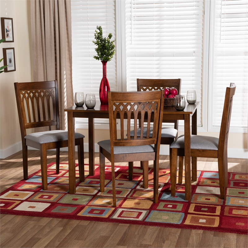 Baxton Studio Genesis Gray Fabric and Walnut Brown Wood 5-Piece Dining Set