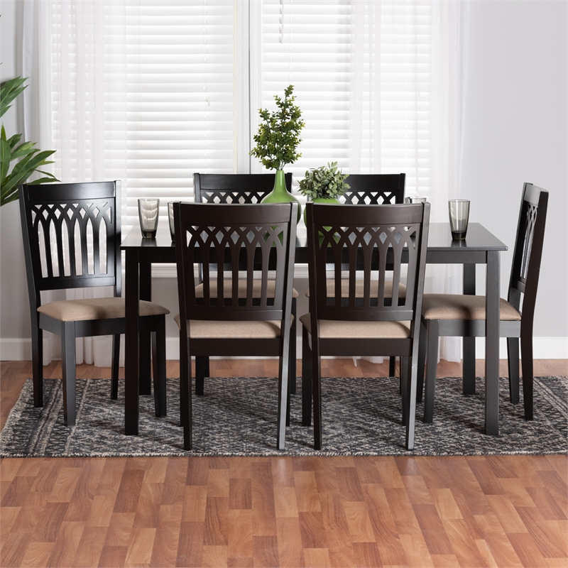 Baxton Studio Genesis Beige Fabric and Dark Brown Wood 7-Piece Dining Set
