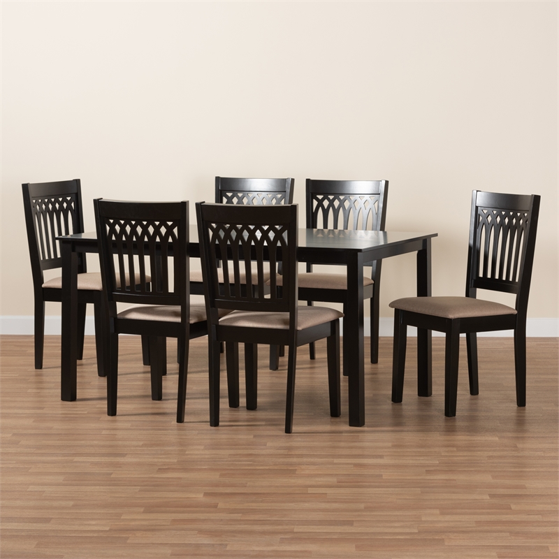 Baxton Studio Genesis Beige Fabric and Dark Brown Wood 7-Piece Dining Set