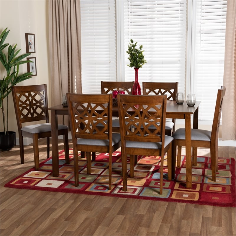 Baxton Studio Abigail Gray Fabric and Walnut Brown Wood 7-Piece Dining Set