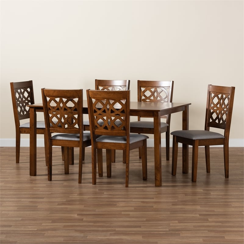 Baxton Studio Abigail Gray Fabric and Walnut Brown Wood 7-Piece Dining Set