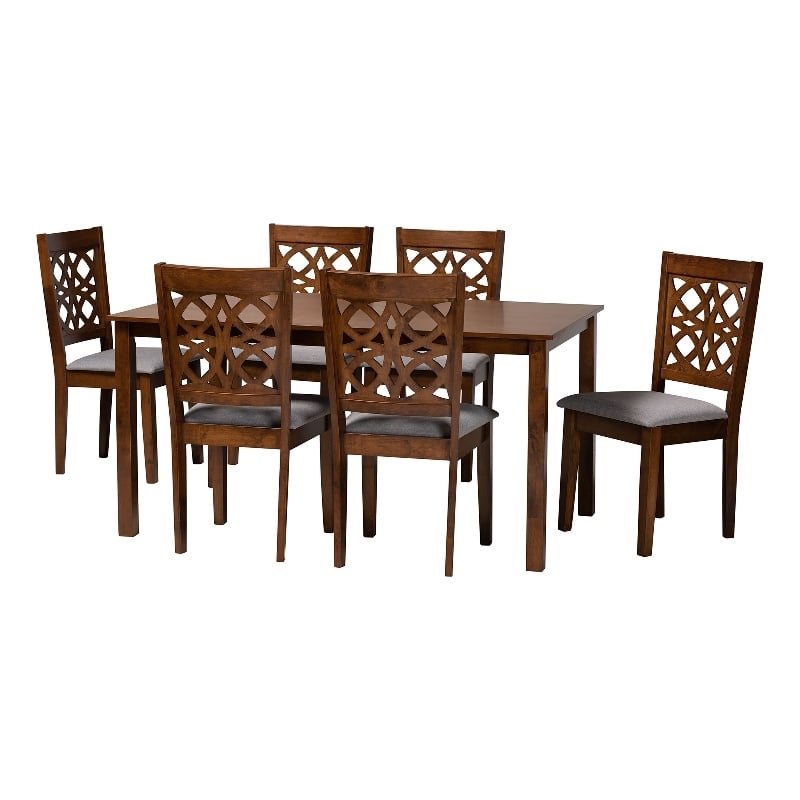 Baxton Studio Abigail Gray Fabric and Walnut Brown Wood 7-Piece Dining Set