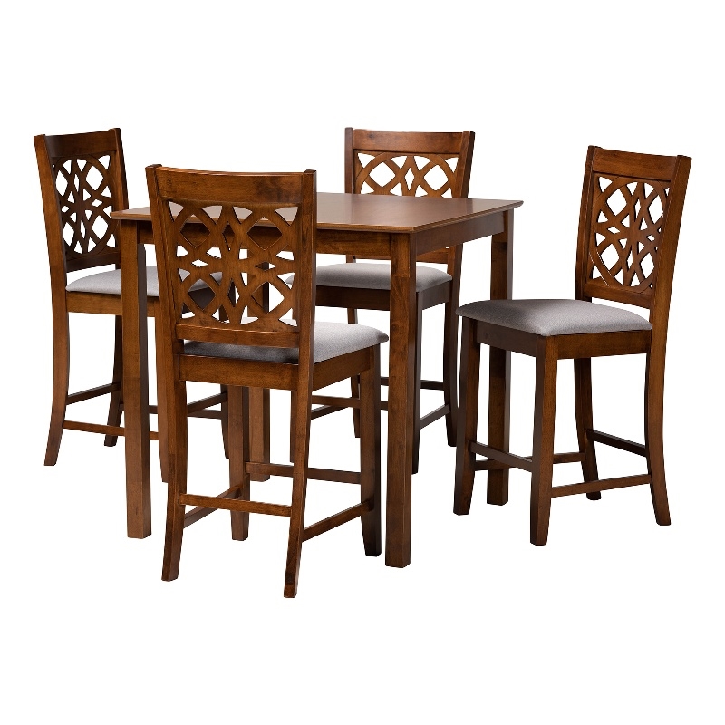 Baxton Studio Abigail Gray Fabric and Walnut Brown Wood 5-Piece Pub Set