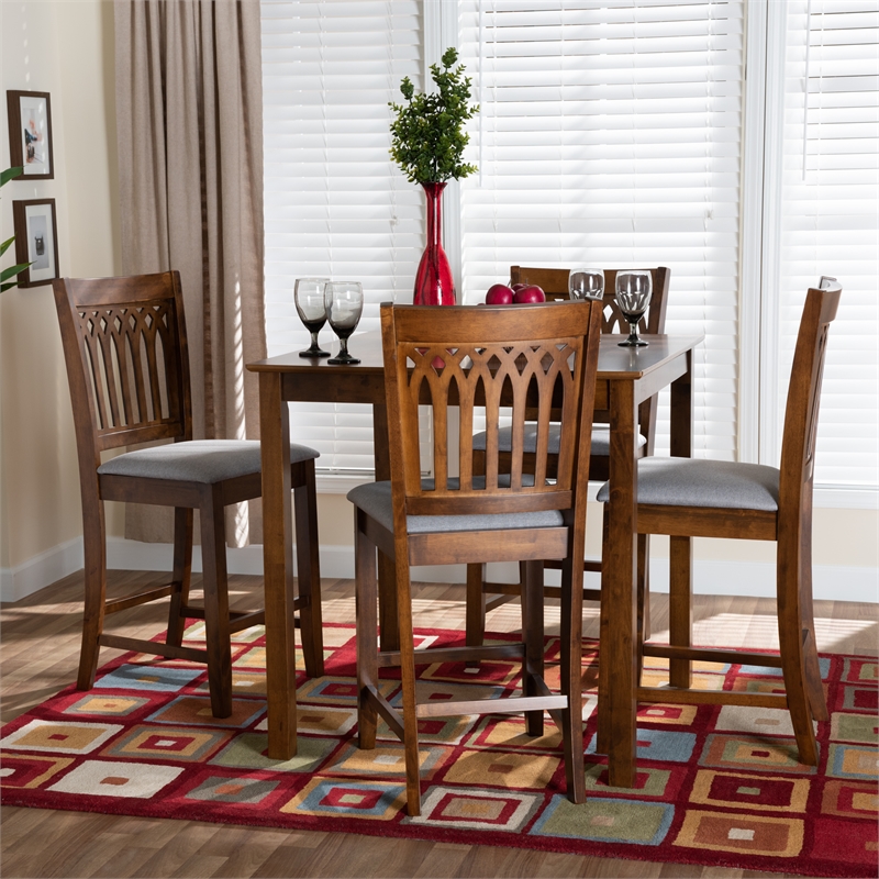 Baxton Studio Genesis Gray Fabric and Walnut Brown Wood 5-Piece Pub Set