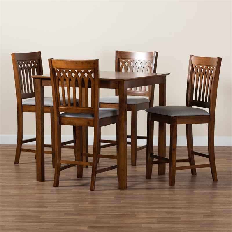 Baxton Studio Genesis Gray Fabric and Walnut Brown Wood 5-Piece Pub Set