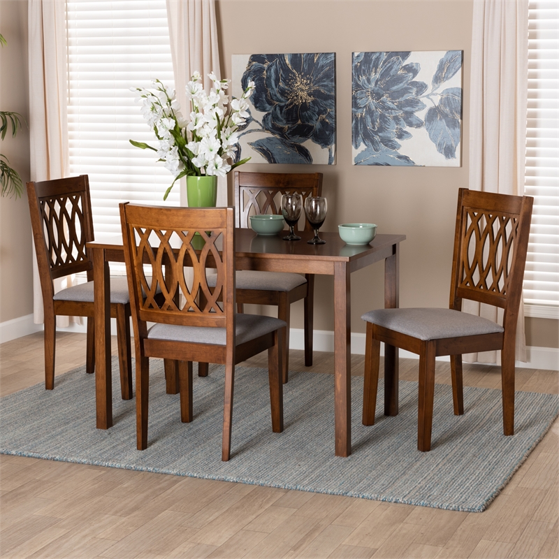 Baxton Studio Florencia Grey Fabric and Walnut Brown Wood 5-Piece Dining Set