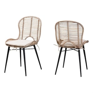 Baxton Studio Brenna Bohemian Greywashed Rattan and Black Metal Dining Chair