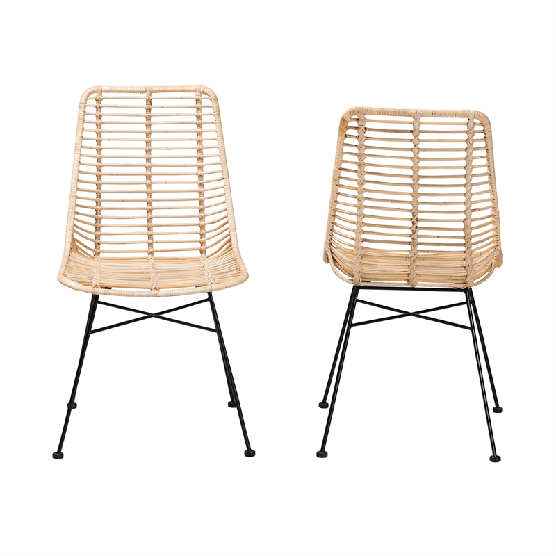 Baxton Studio Manhattan Natural Brown Rattan and Black Metal Dining Chair