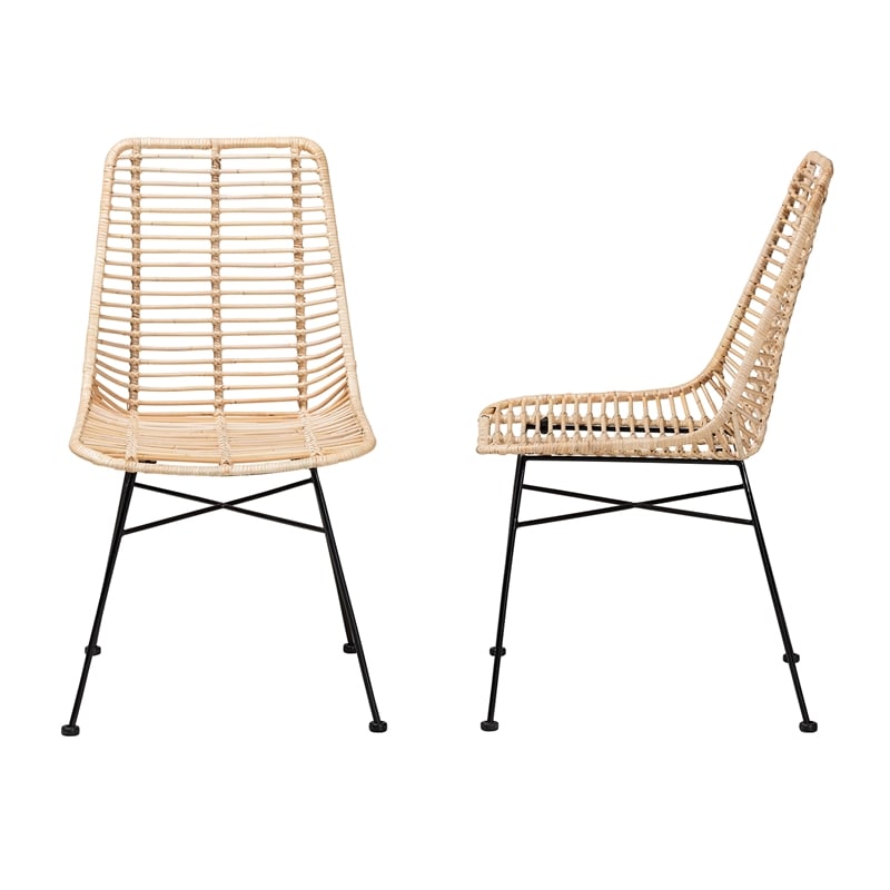 Baxton Studio Manhattan Natural Brown Rattan and Black Metal Dining Chair