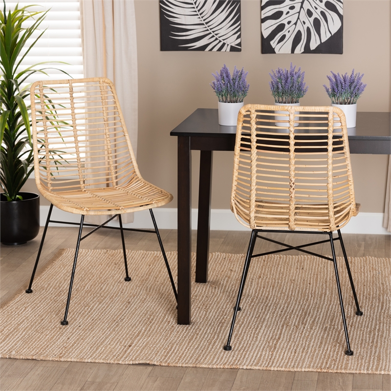 Baxton Studio Manhattan Natural Brown Rattan and Black Metal Dining Chair