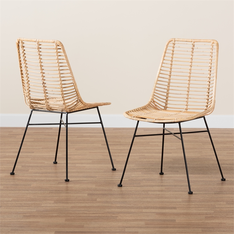 Baxton Studio Manhattan Natural Brown Rattan and Black Metal Dining Chair