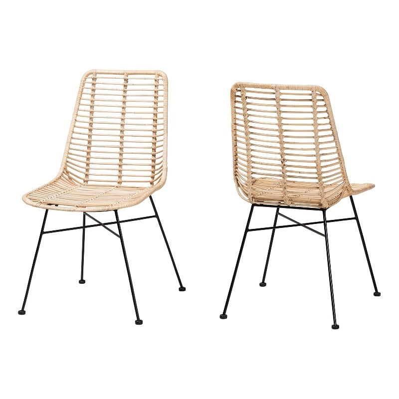 Baxton Studio Manhattan Natural Brown Rattan and Black Metal Dining Chair