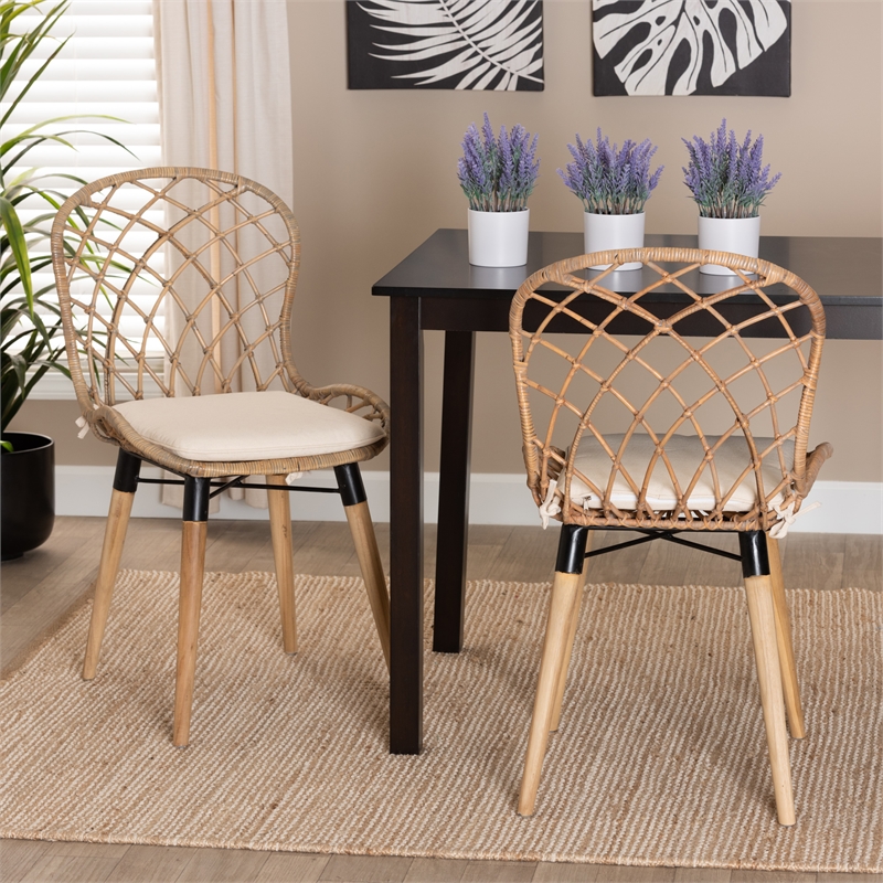 Baxton Studio Sabelle Brown Teak Wood and Greywashed Rattan Dining Chair