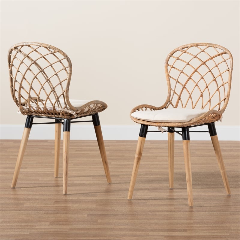 Baxton Studio Sabelle Brown Teak Wood and Greywashed Rattan Dining Chair