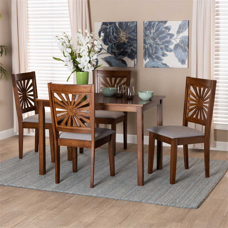 Baxton Studio Olympia Grey Fabric and Walnut Brown Wood 5-Piece Dining Set
