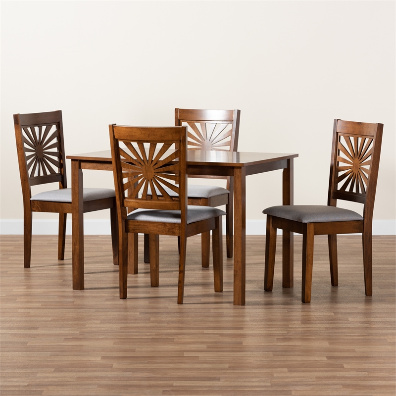 Baxton Studio Olympia Grey Fabric and Walnut Brown Wood 5-Piece Dining Set