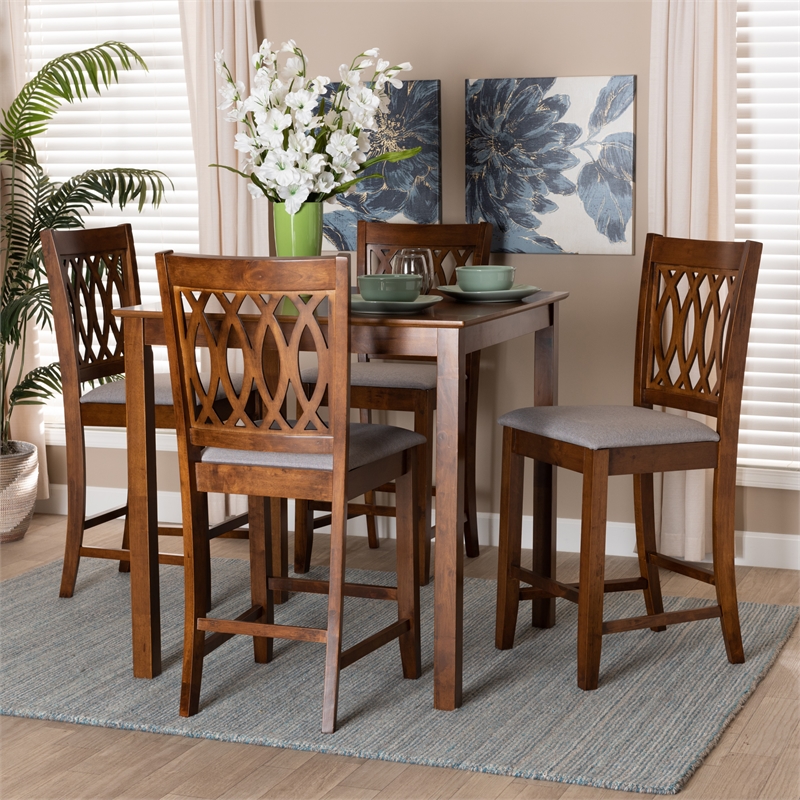 Baxton Studio Florencia Grey Fabric and Walnut Brown Wood 5-Piece Pub Set