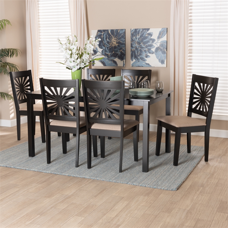 Baxton Studio Olympia Beige Fabric and Espresso Brown Wood 7-Piece Dining Set