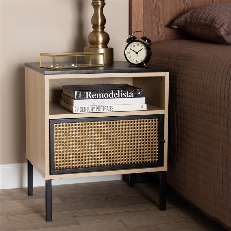 Baxton Studio Felton Two-Tone Black Gold Metal and Brown Wood 1-Door End Table