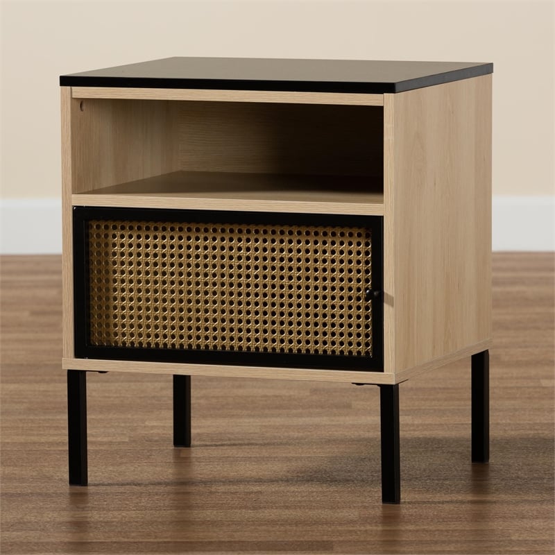Baxton Studio Felton Two-Tone Black Gold Metal and Brown Wood 1-Door End Table