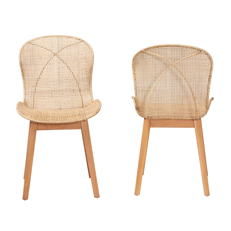 baxton studio sabelle japandi natural brown mahogany and rattan dining chair