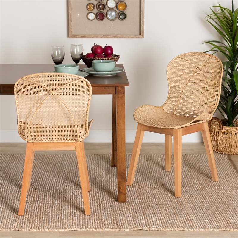 baxton studio sabelle japandi natural brown mahogany and rattan dining chair