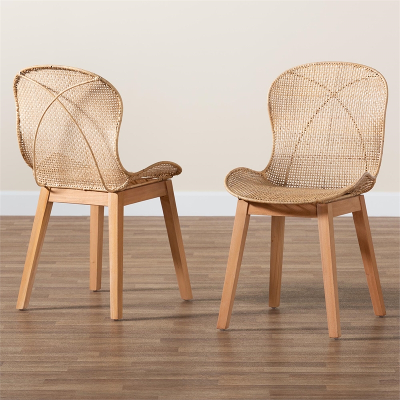 baxton studio sabelle japandi natural brown mahogany and rattan dining chair