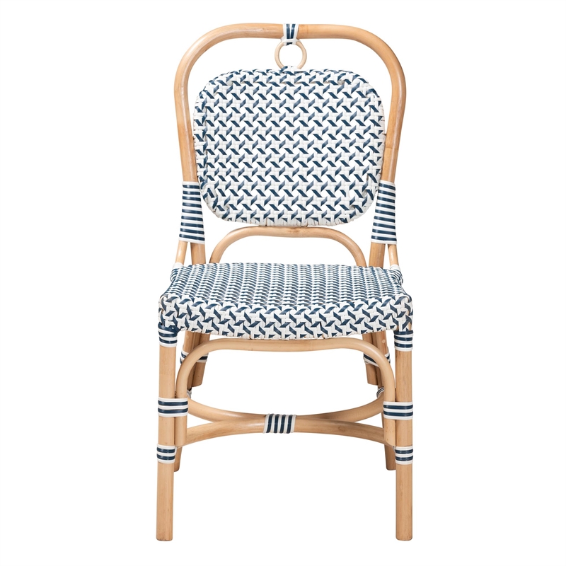 Baxton Studio Luciana French Blue and White Weaving Natural Rattan Bistro Chair