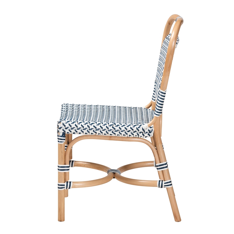 Baxton Studio Luciana French Blue and White Weaving Natural Rattan Bistro Chair