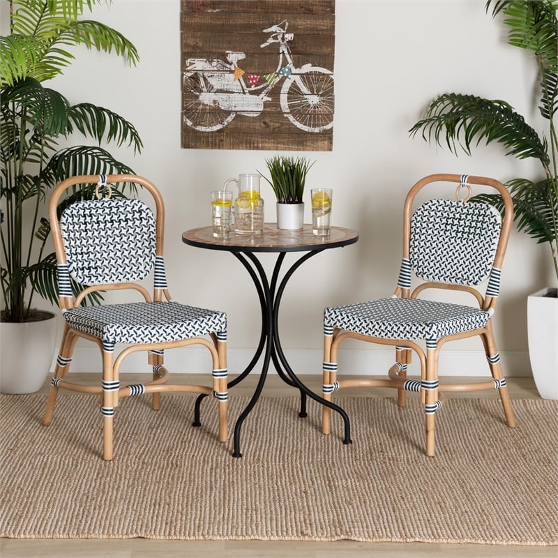 Baxton Studio Luciana French Blue and White Weaving Natural Rattan Bistro Chair