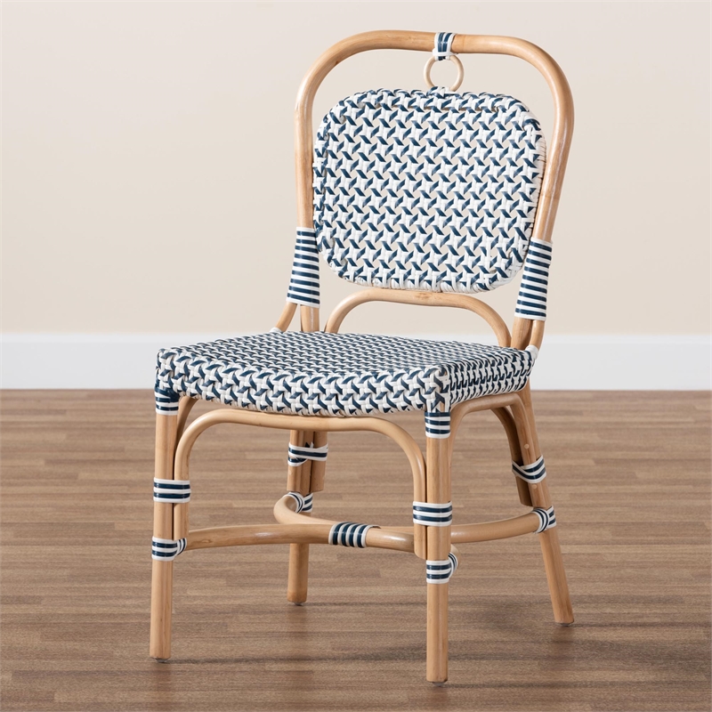 Baxton Studio Luciana French Blue and White Weaving Natural Rattan Bistro Chair