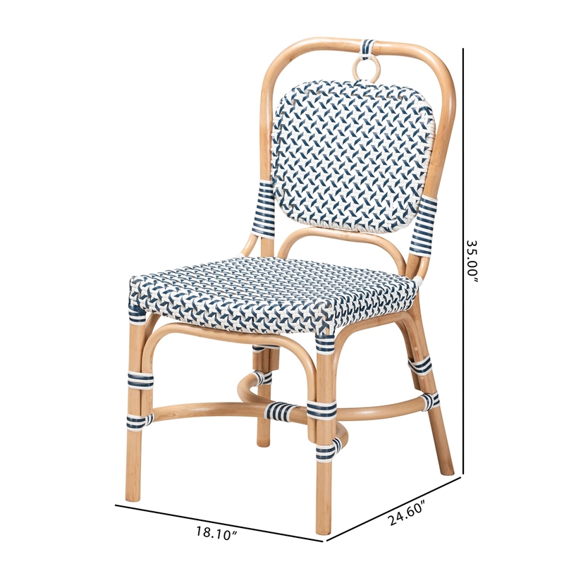 Baxton Studio Luciana French Blue and White Weaving Natural Rattan Bistro Chair