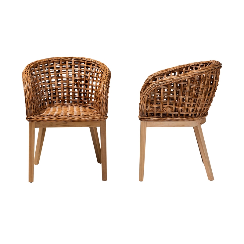 Baxton Studio Mario Natural Brown Finished Teak Wood and Rattan Dining Chair