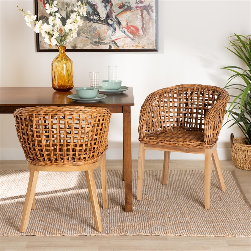 Baxton Studio Mario Natural Brown Finished Teak Wood and Rattan Dining Chair