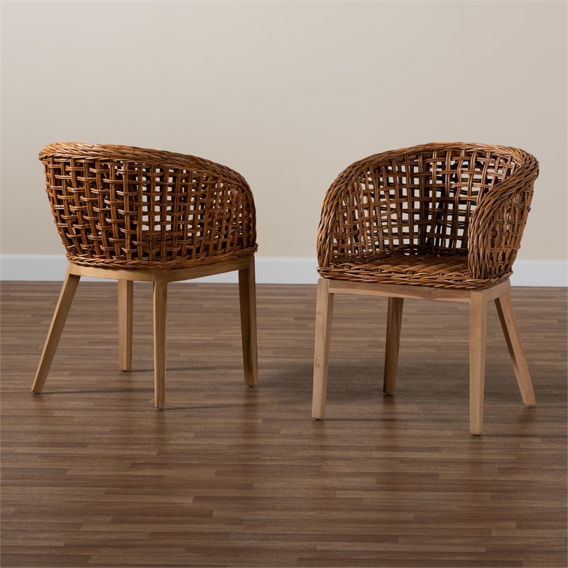 Baxton Studio Mario Natural Brown Finished Teak Wood and Rattan Dining Chair