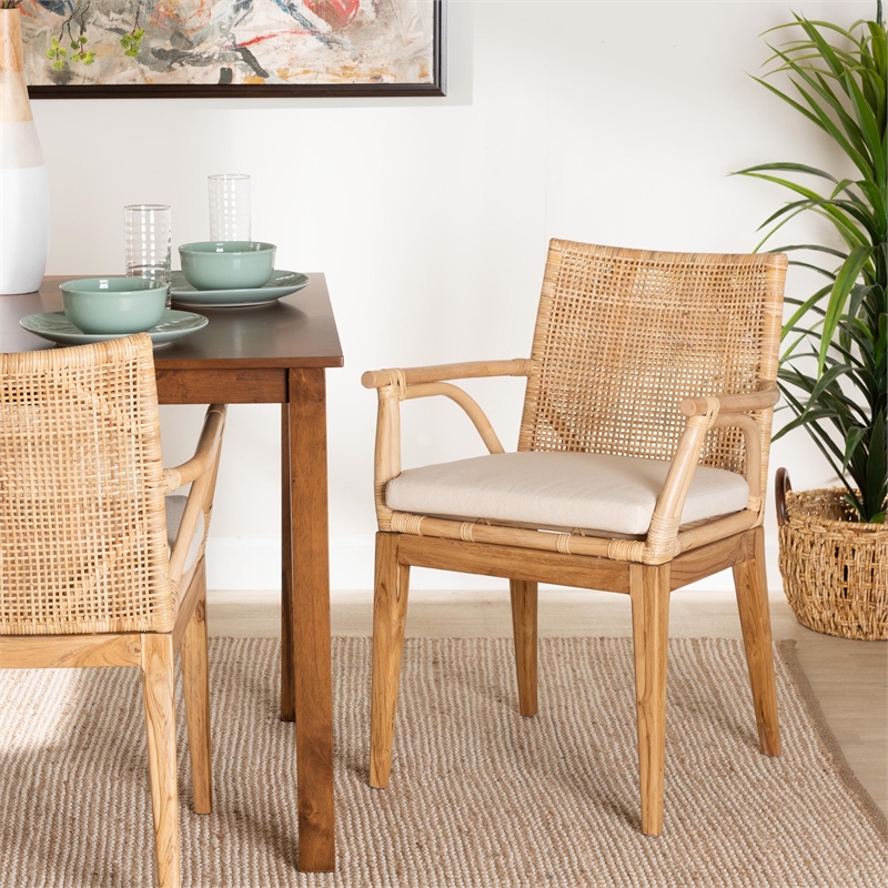 Baxton Studio Storsel Natural Brown Finished Teak Wood and Rattan Dining Chair