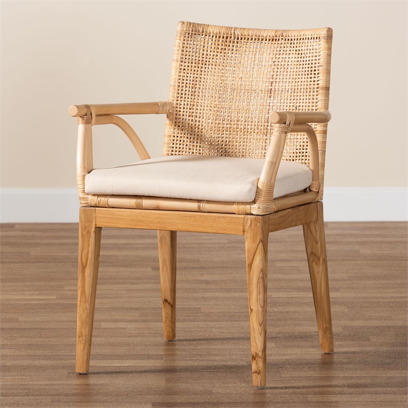 Baxton Studio Storsel Natural Brown Finished Teak Wood and Rattan Dining Chair